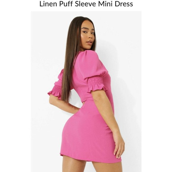 Boohoo Linen Puff Sleeve Mini Dress Size 6 Pink - Picture 11 of 11